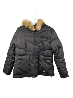 MUDD Womens Quilted Winter Coat Faux Fur Hood Full Zip Black/Tan Size Large